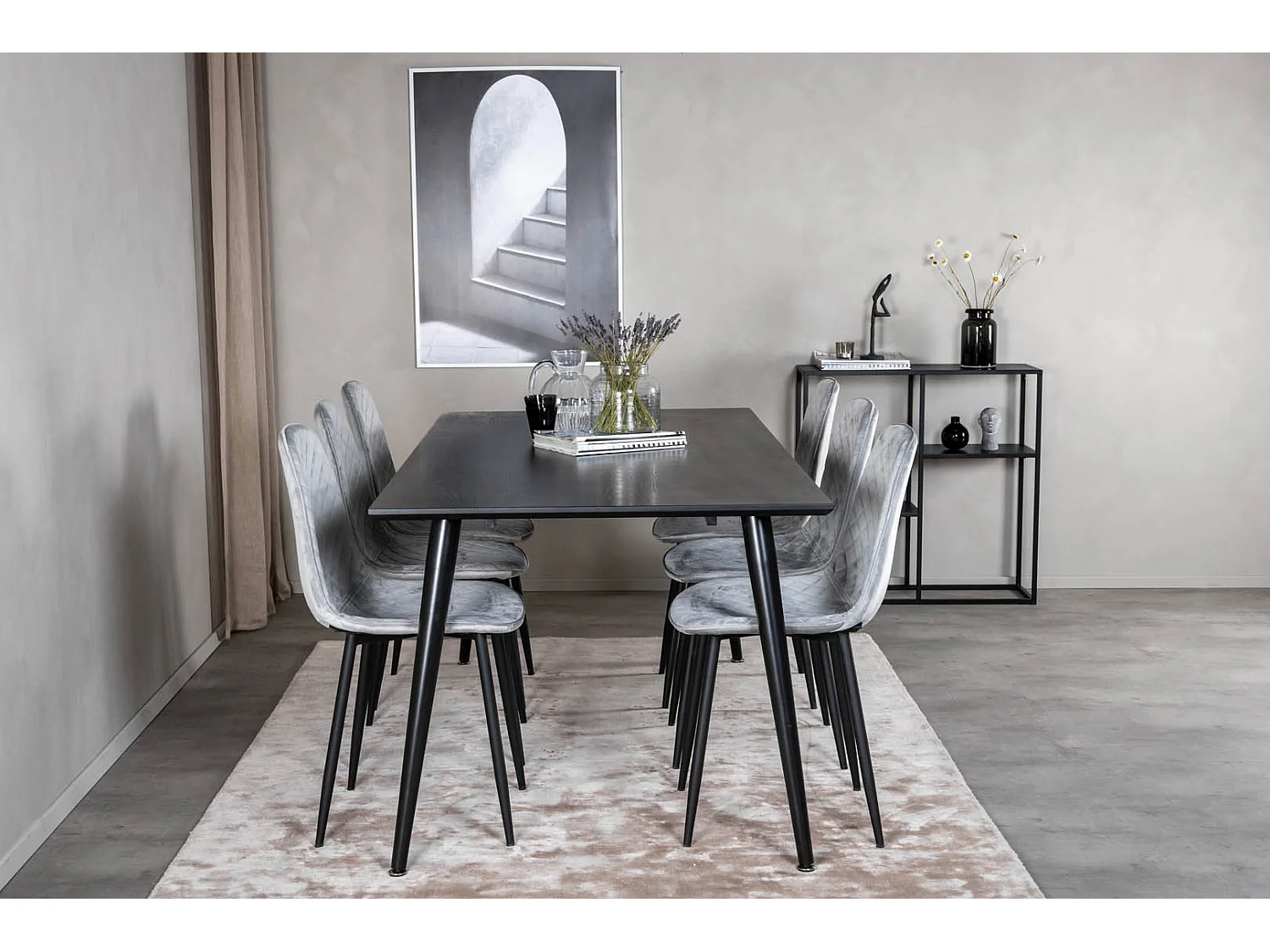 Dipp180x90BLBL ensemble table, table noir et 6 Polar Diamond chaises Velours gris.