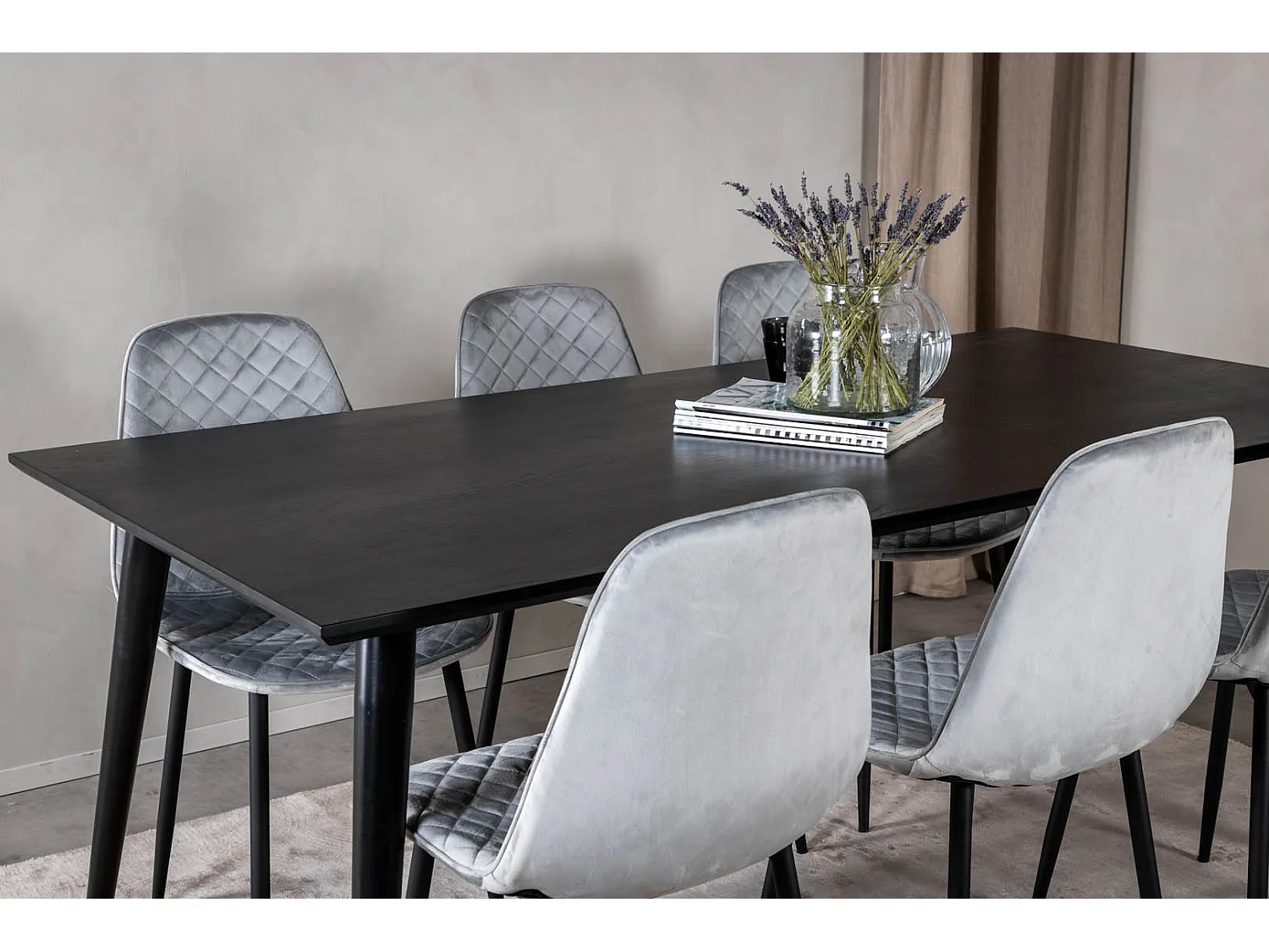 Dipp180x90BLBL ensemble table, table noir et 6 Polar Diamond chaises Velours gris.