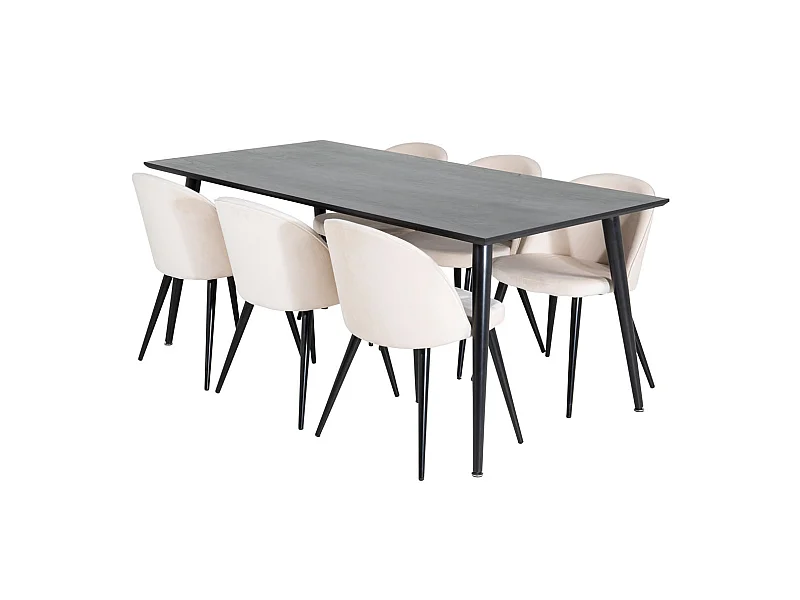 Dipp180x90BLBL Essgruppe Esstisch schwarz und 6 Velvet Esszimmerstühle Velour beige, schwarz.