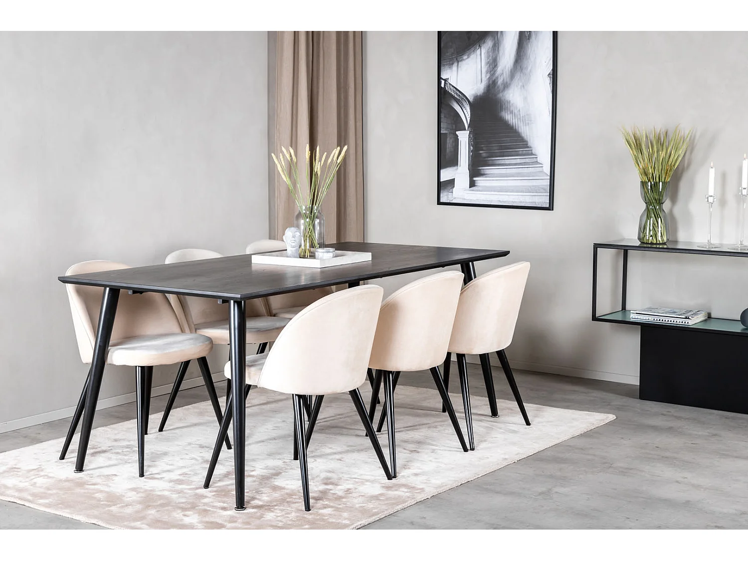 Dipp180x90BLBL ensemble table, table noir et 6 Velvet chaises Velours beige, noir.