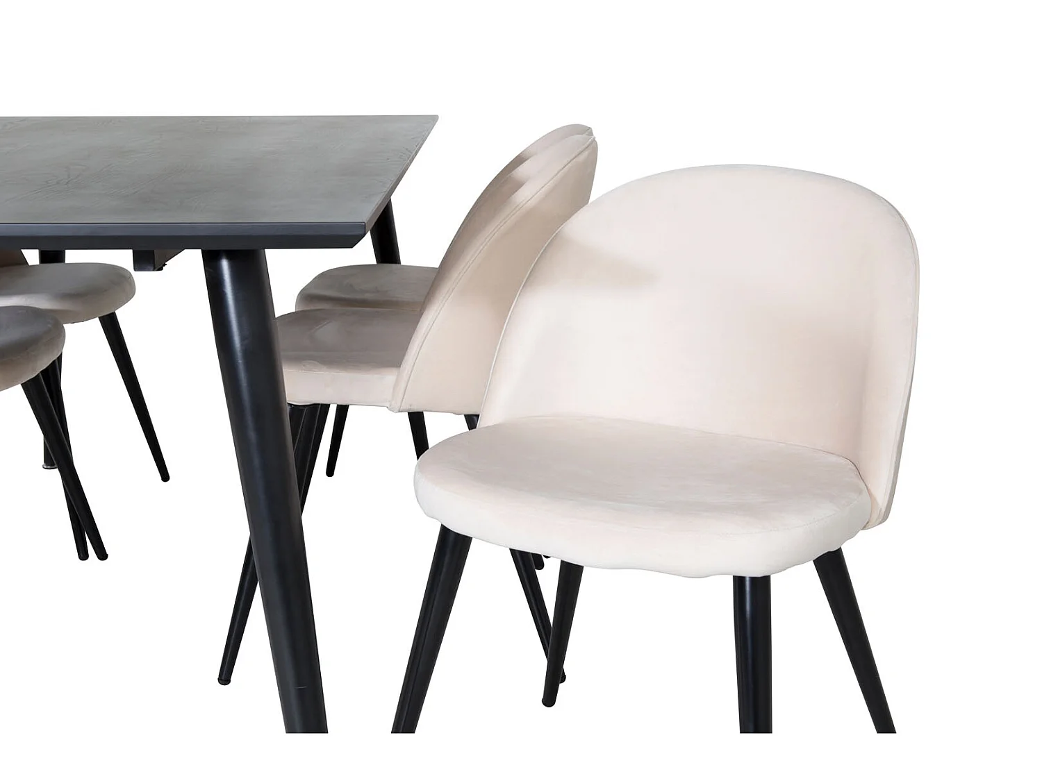 Dipp180x90BLBL eethoek eetkamertafel zwart en 6 Velvet eetkamerstal velours beige, zwart.