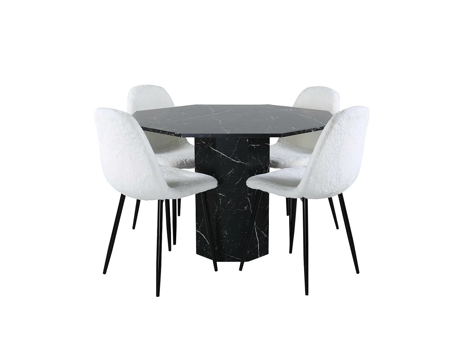 Marbs eethoek eetkamertafel zwart marmer decor en 4 Polar Fluff eetkamerstal Teddy wit.