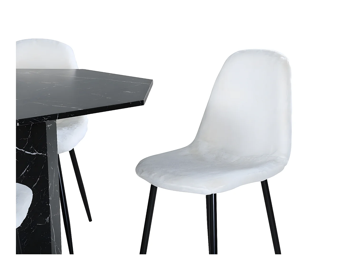 Marbs eethoek eetkamertafel zwart marmer decor en 4 Polar Fluff eetkamerstal Teddy wit.