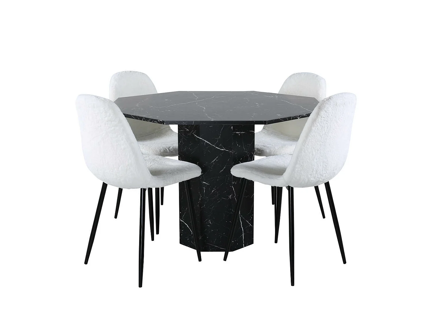 Marbs eethoek eetkamertafel zwart marmer decor en 4 Polar Fluff eetkamerstal Teddy wit.