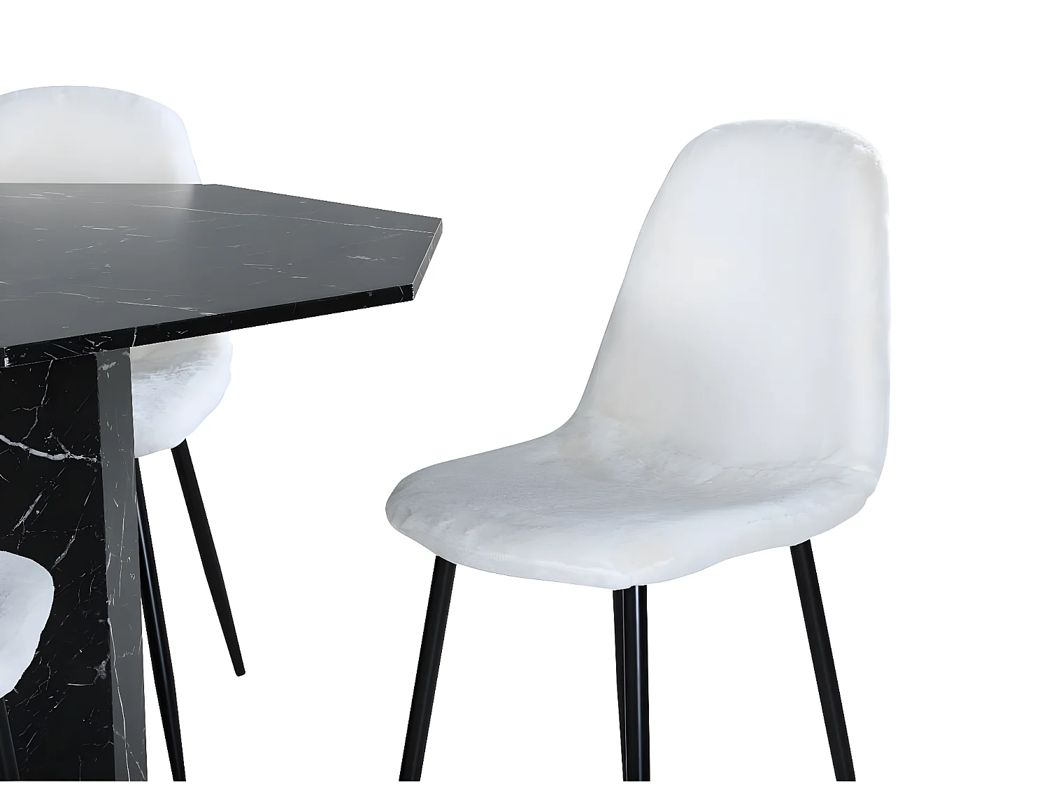 Marbs eethoek eetkamertafel zwart marmer decor en 4 Polar Fluff eetkamerstal Teddy wit.