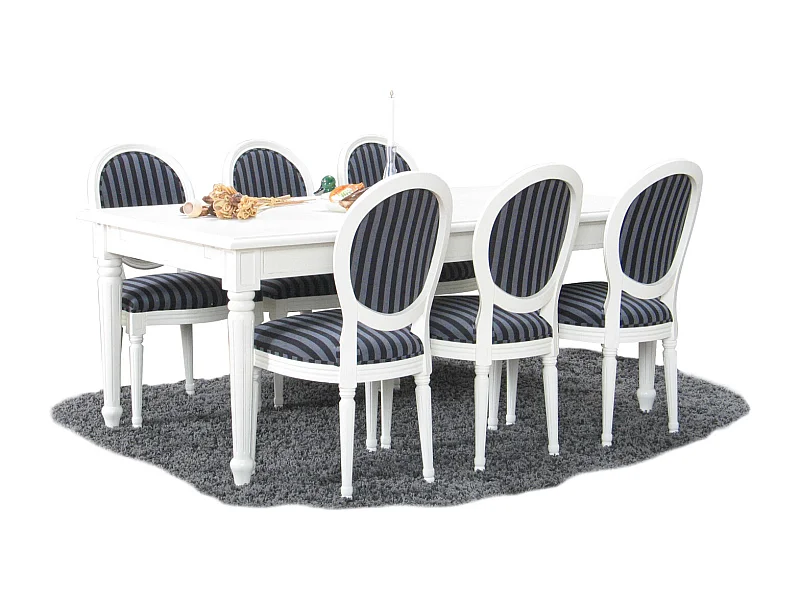 Amaretta Ensemble de salle à manger 100x180/280, 2 extensions inclues, vieux blanc avec 6 chaises rococo, vieux blanc/noir.