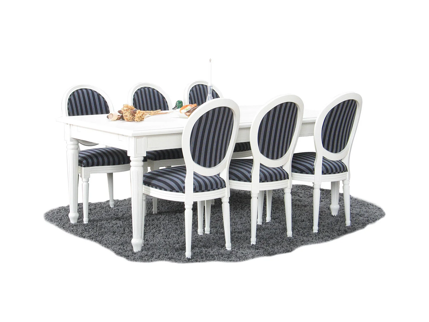 Amaretta Ensemble de salle à manger 100x180/280, 2 extensions inclues, vieux blanc avec 6 chaises rococo, vieux blanc/noir.