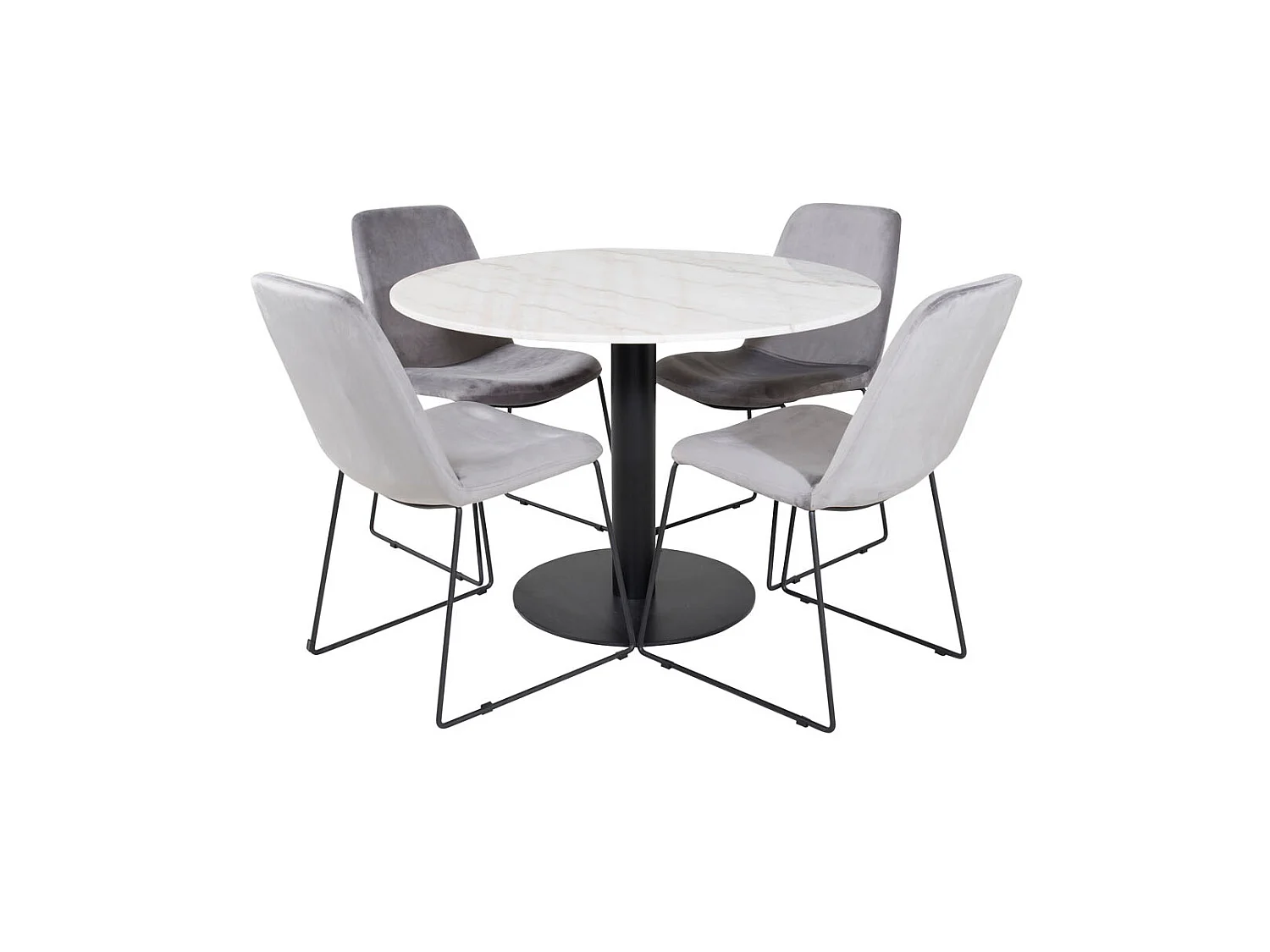 EstelleØ106WHBL eethoek eetkamertafel wit, marmer en 4 Muce eetkamerstal velours grijs.
