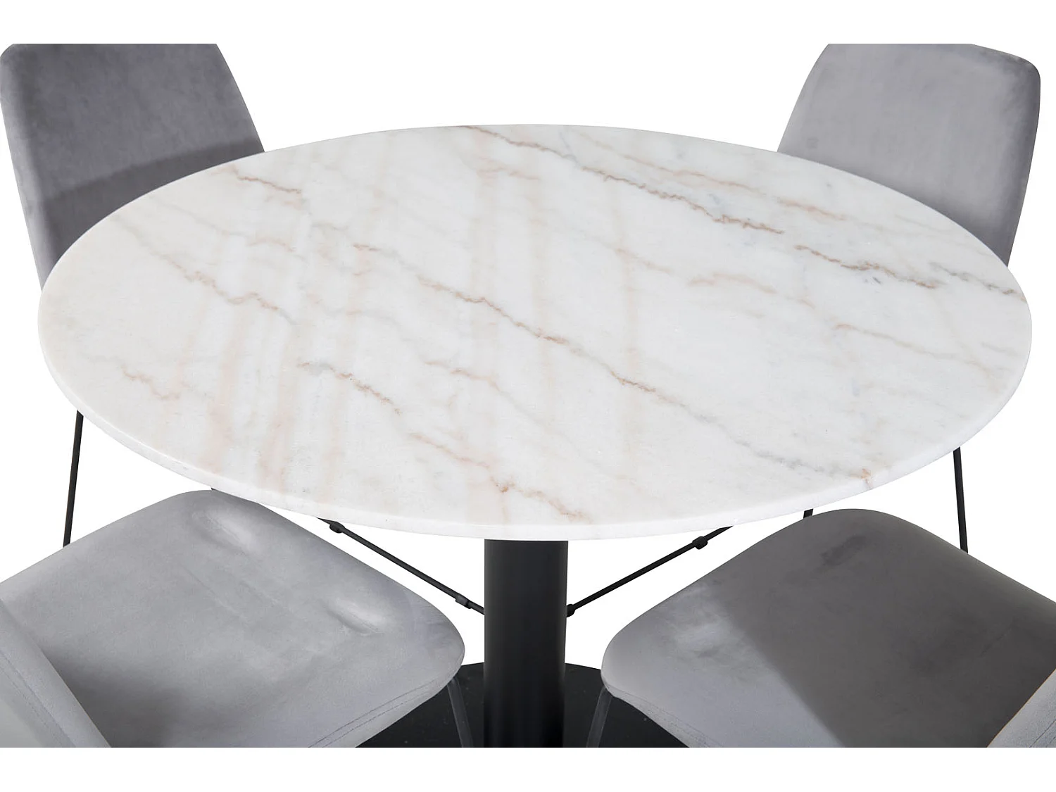 EstelleØ106WHBL eethoek eetkamertafel wit, marmer en 4 Muce eetkamerstal velours grijs.