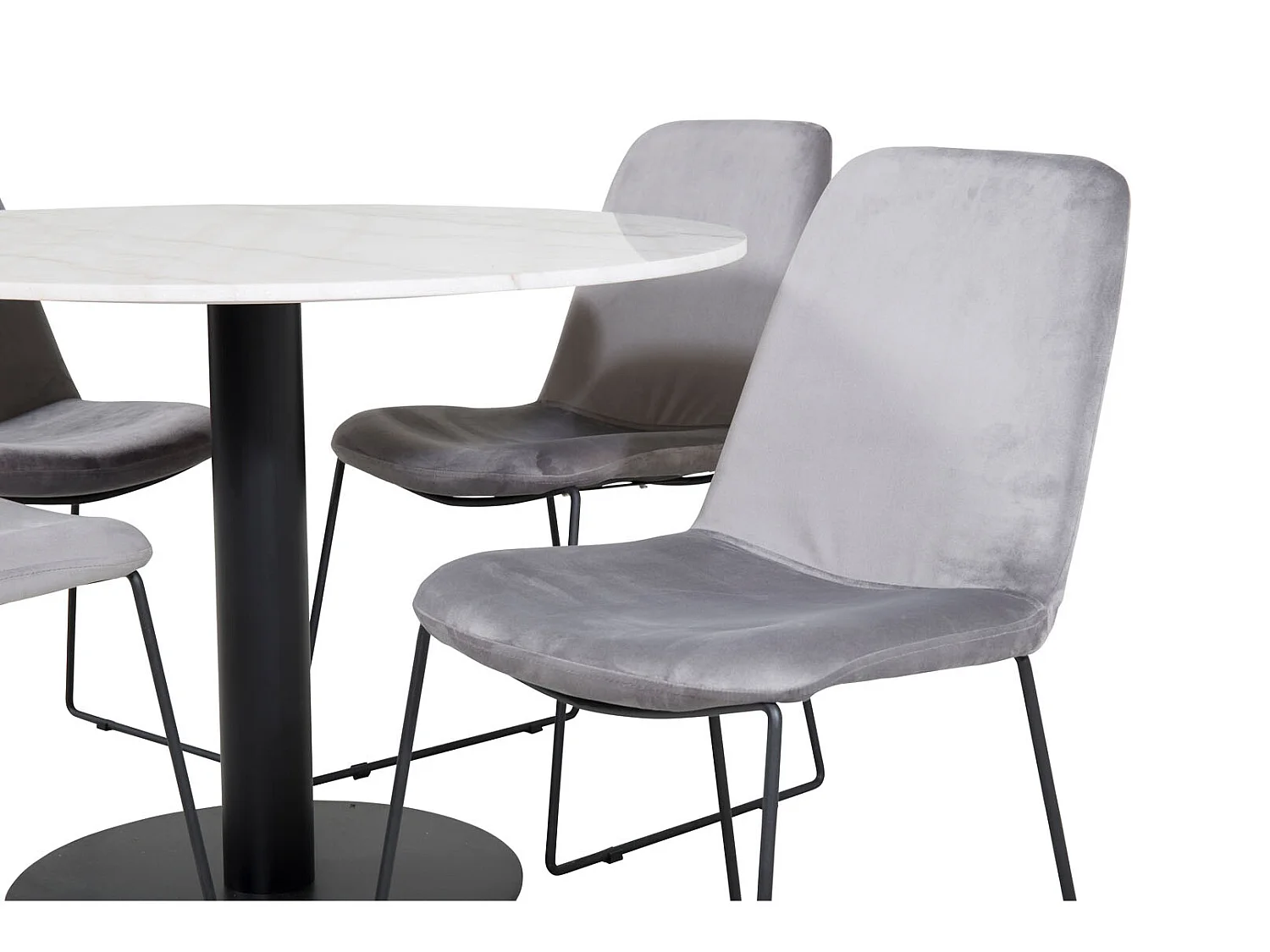 EstelleØ106WHBL eethoek eetkamertafel wit, marmer en 4 Muce eetkamerstal velours grijs.