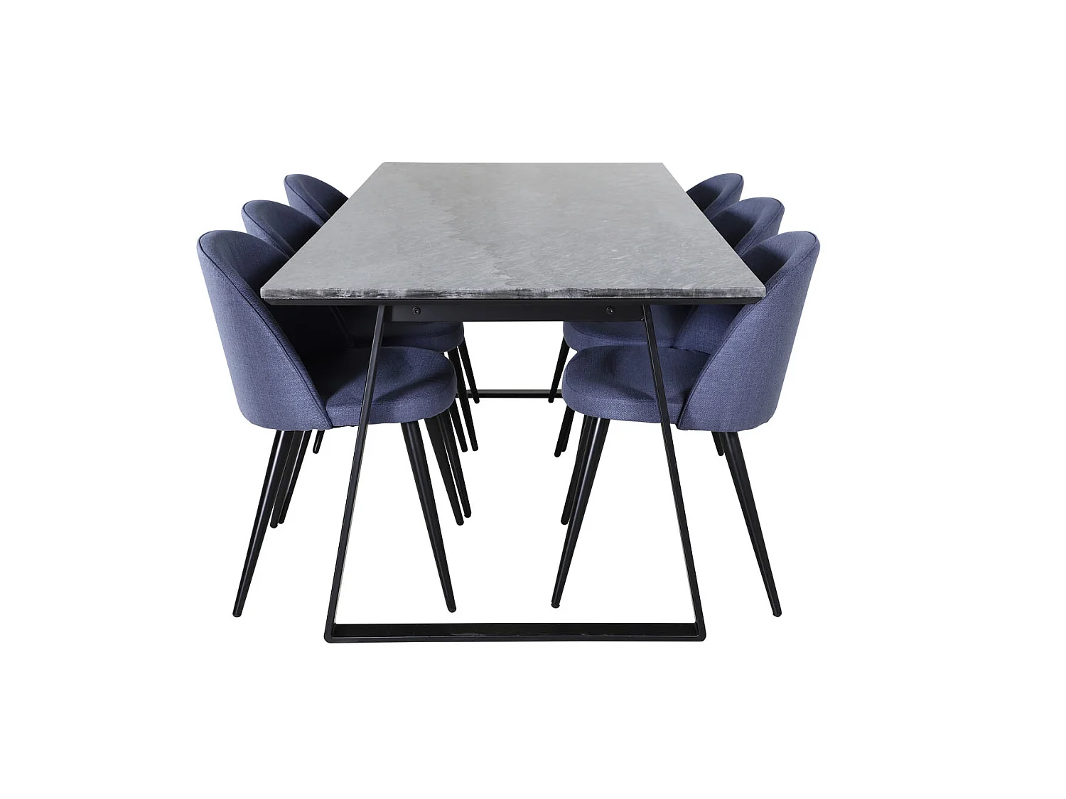 EstelleBLBL ensemble table, table noir, marbre et 6 Velvet chaises bleu.