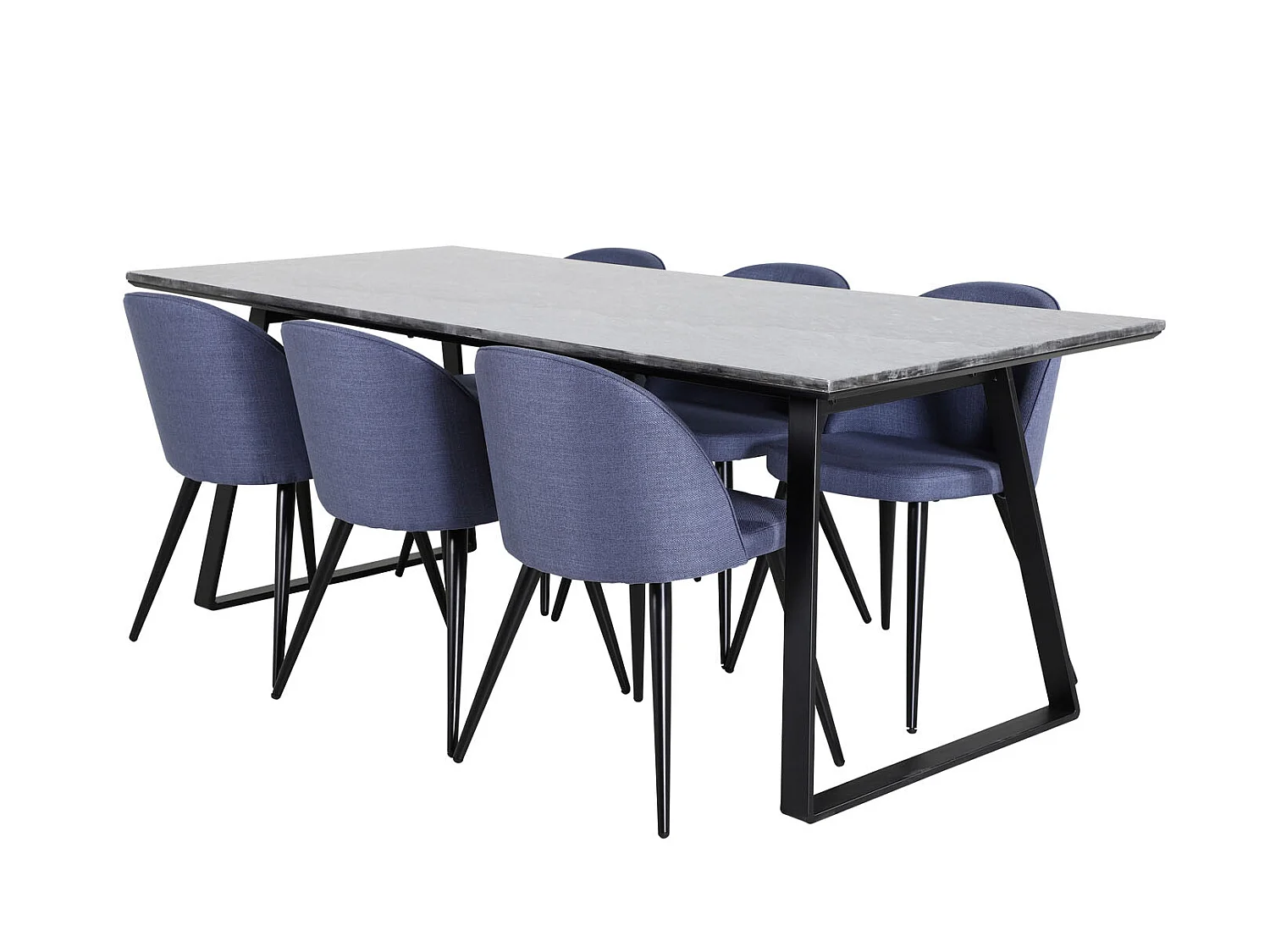 EstelleBLBL ensemble table, table noir, marbre et 6 Velvet chaises bleu.