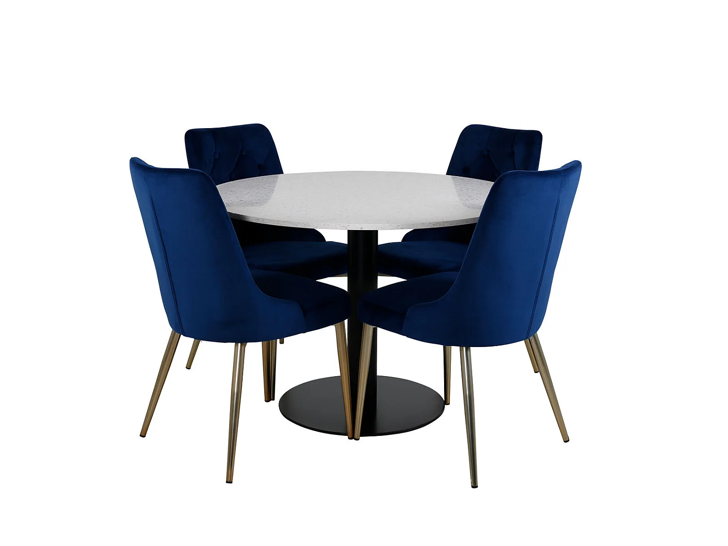 RazziaWH eethoek eetkamertafel terazzo wit en 4 Velvet Deluxe eetkamerstal velours blauw, messing decor.