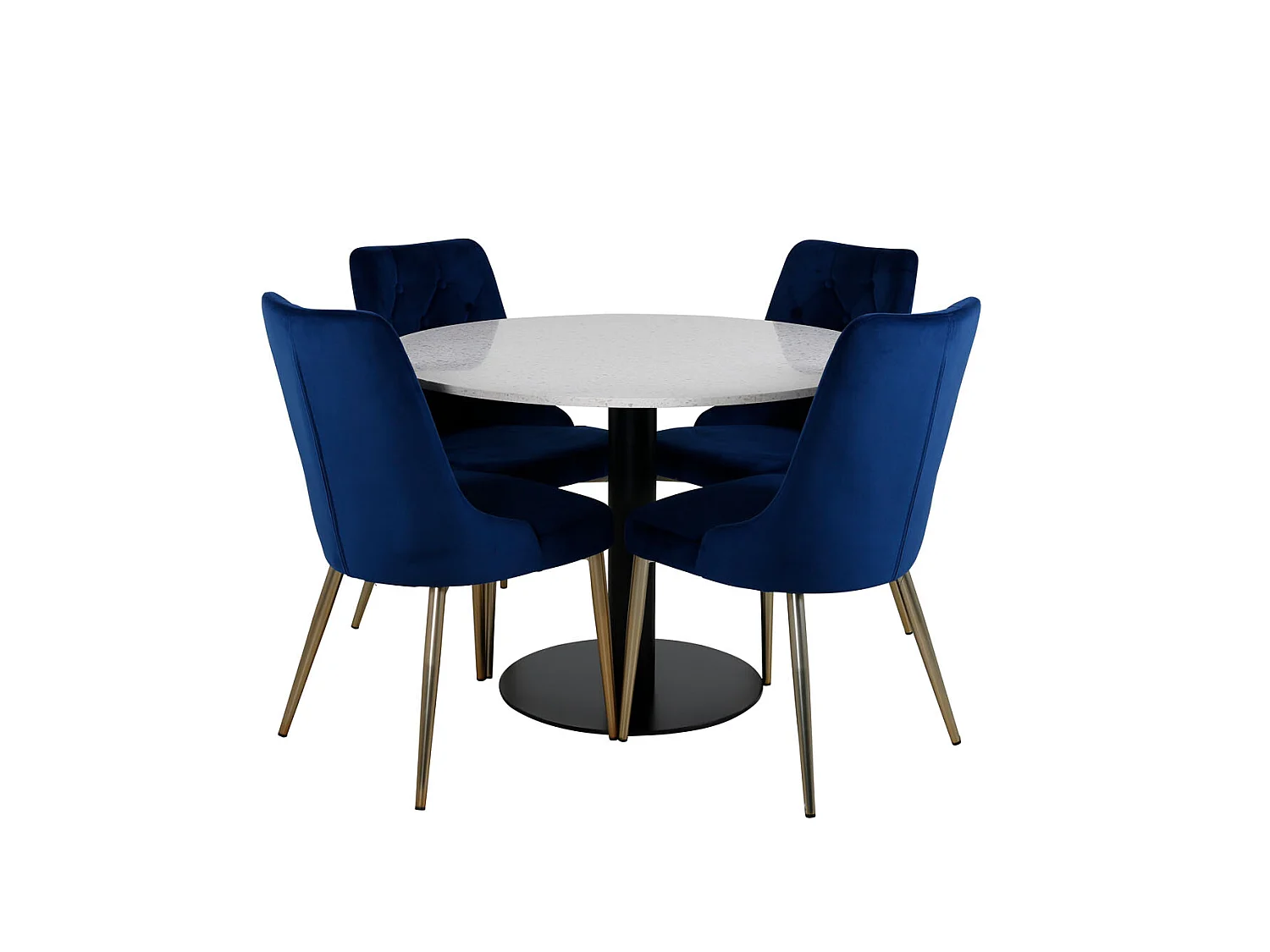 RazziaWH eethoek eetkamertafel terazzo wit en 4 Velvet Deluxe eetkamerstal velours blauw, messing decor.
