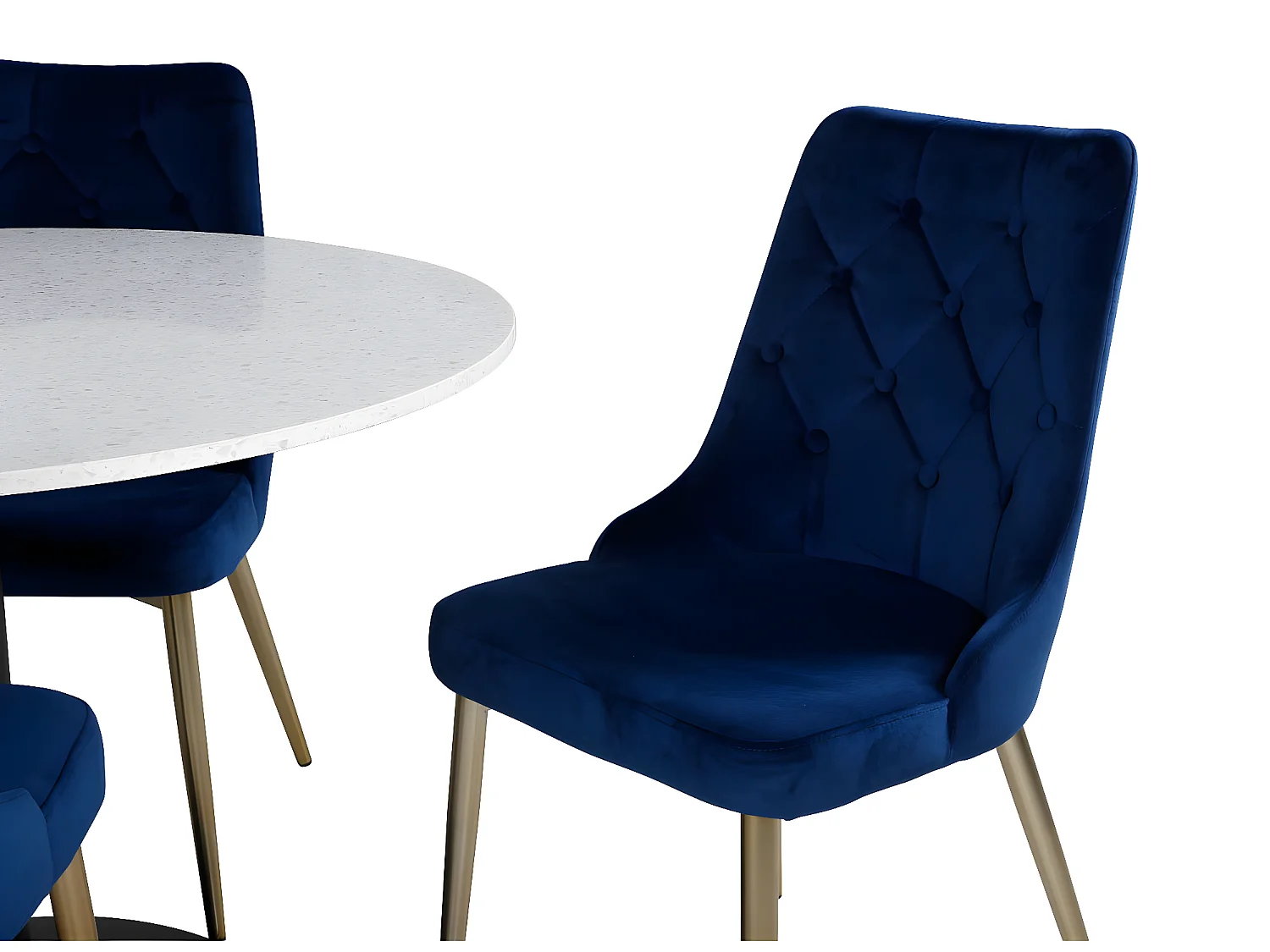 RazziaWH eethoek eetkamertafel terazzo wit en 4 Velvet Deluxe eetkamerstal velours blauw, messing decor.