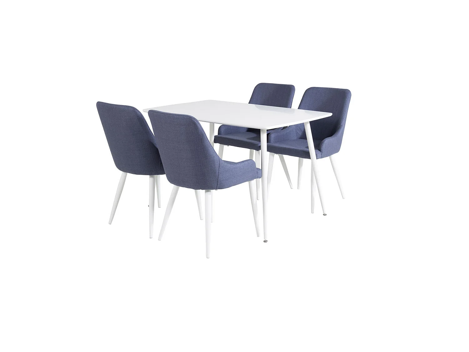 Polar120X80WHWH eethoek eetkamertafel wit en 4 Plaza eetkamerstal blauw, wit.