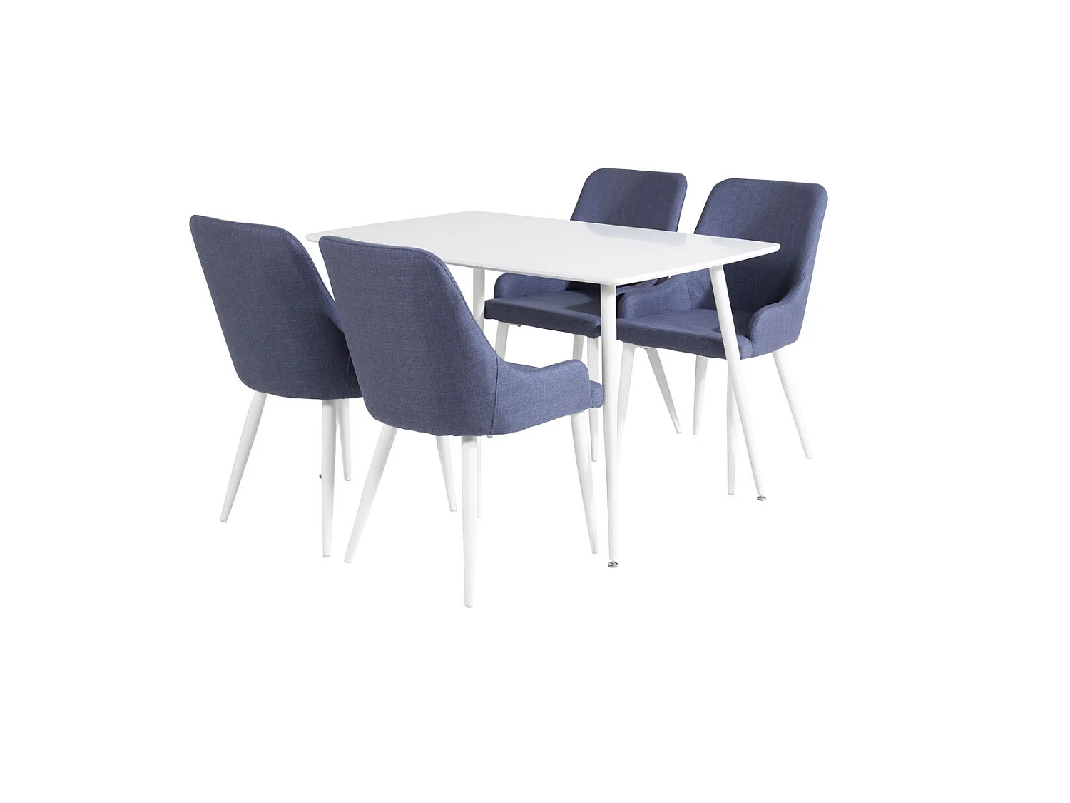 Polar120X80WHWH eethoek eetkamertafel wit en 4 Plaza eetkamerstal blauw, wit.