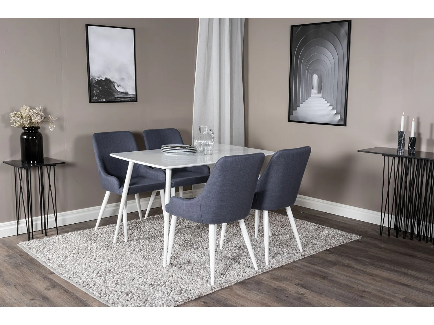 Polar120X80WHWH eethoek eetkamertafel wit en 4 Plaza eetkamerstal blauw, wit.