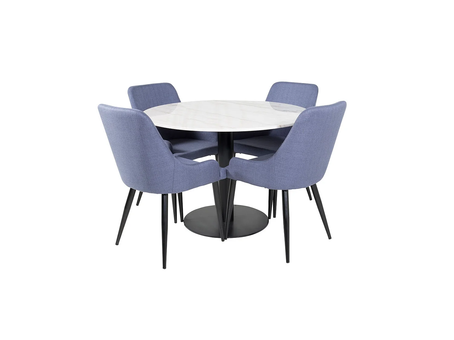 EstelleØ106WHBL ensemble table, table blanc, marbre et 4 Plaza chaises bleu, noir.