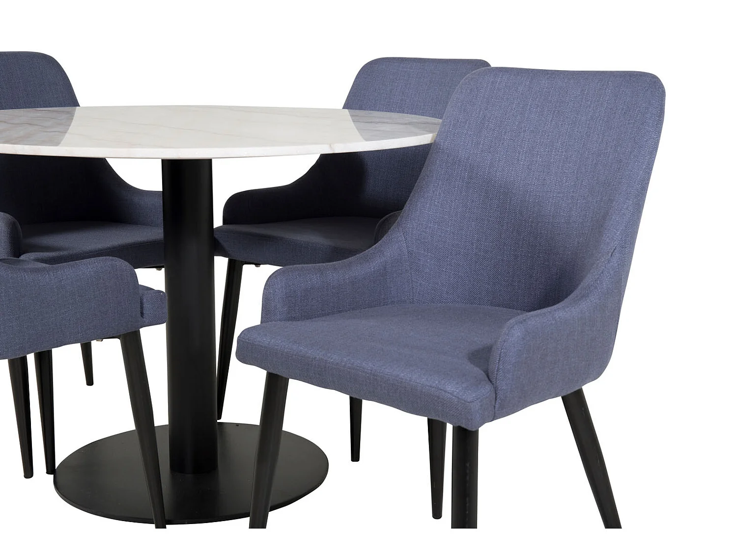EstelleØ106WHBL ensemble table, table blanc, marbre et 4 Plaza chaises bleu, noir.