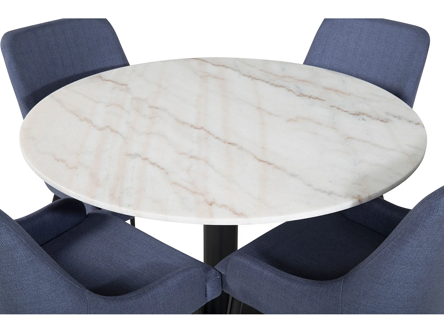 EstelleØ106WHBL ensemble table, table blanc, marbre et 4 Plaza chaises bleu, noir.