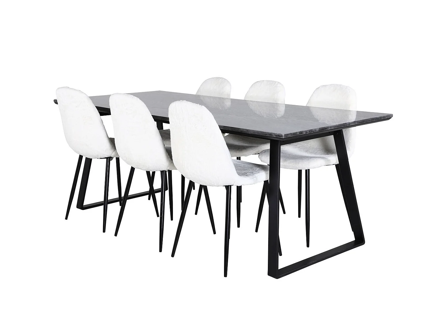 EstelleBLBL eethoek eetkamertafel zwart, marmer en 6 Polar Fluff eetkamerstal Teddy wit.