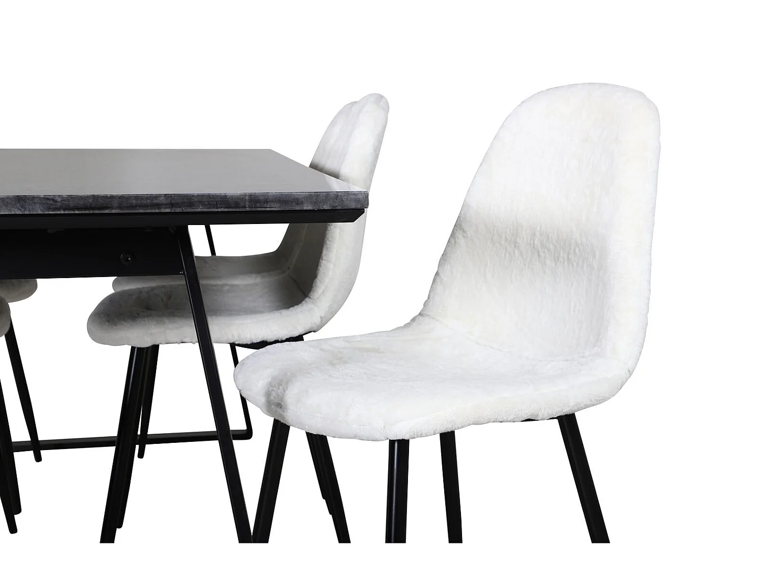EstelleBLBL eethoek eetkamertafel zwart, marmer en 6 Polar Fluff eetkamerstal Teddy wit.