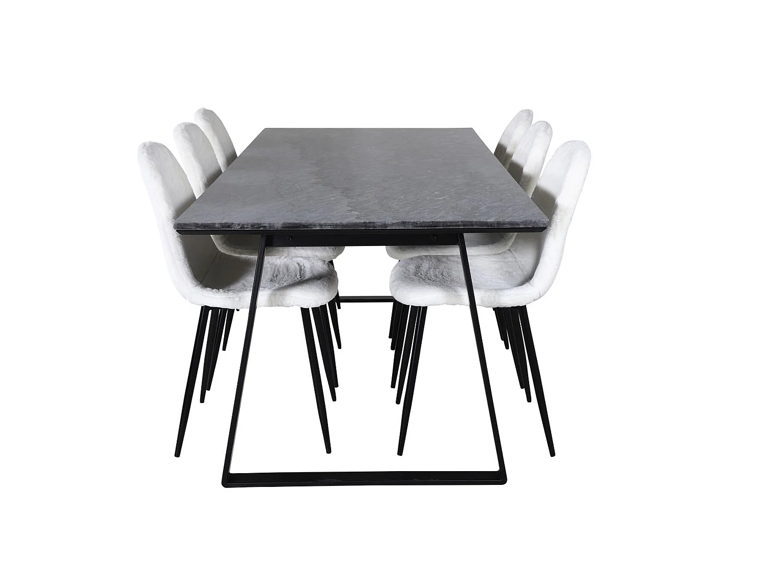 EstelleBLBL ensemble table, table noir, marbre et 6 Polar Fluff chaises Teddy blanc.