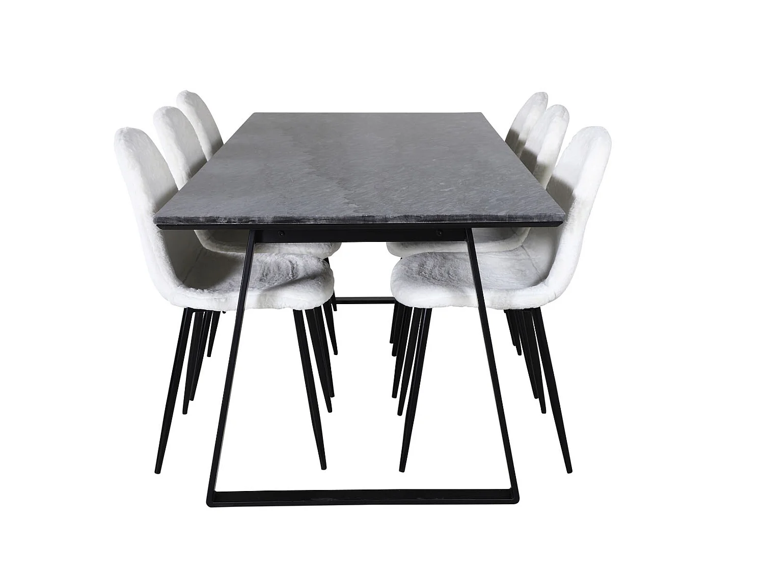 EstelleBLBL ensemble table, table noir, marbre et 6 Polar Fluff chaises Teddy blanc.