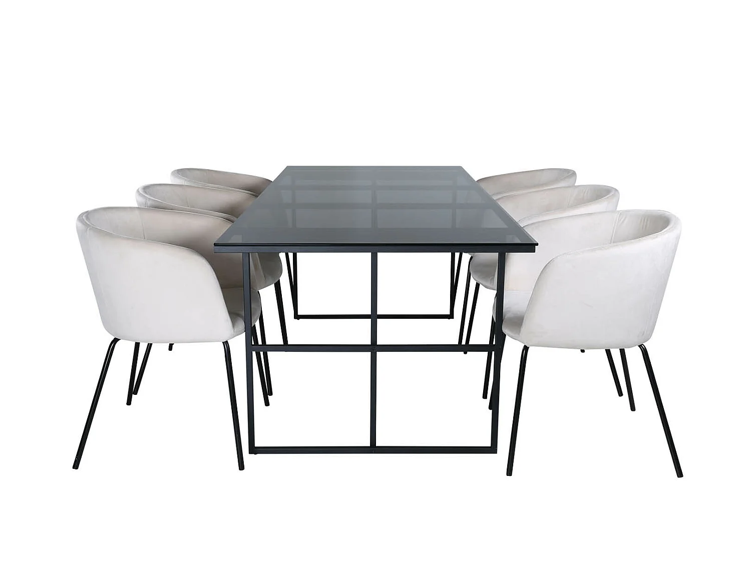 Leif ensemble table, table enfumé verre et 6 Berit chaises Velours beige.