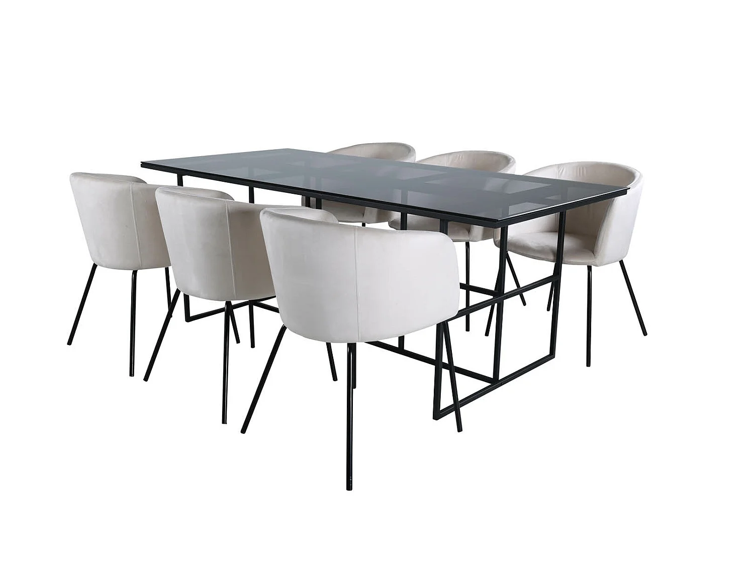 Leif ensemble table, table enfumé verre et 6 Berit chaises Velours beige.