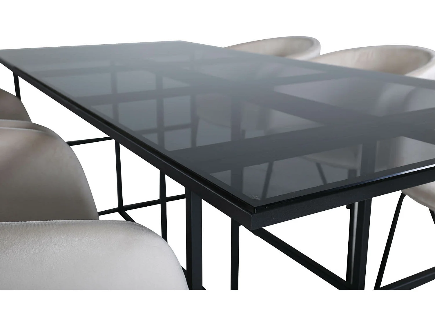 Leif ensemble table, table enfumé verre et 6 Berit chaises Velours beige.