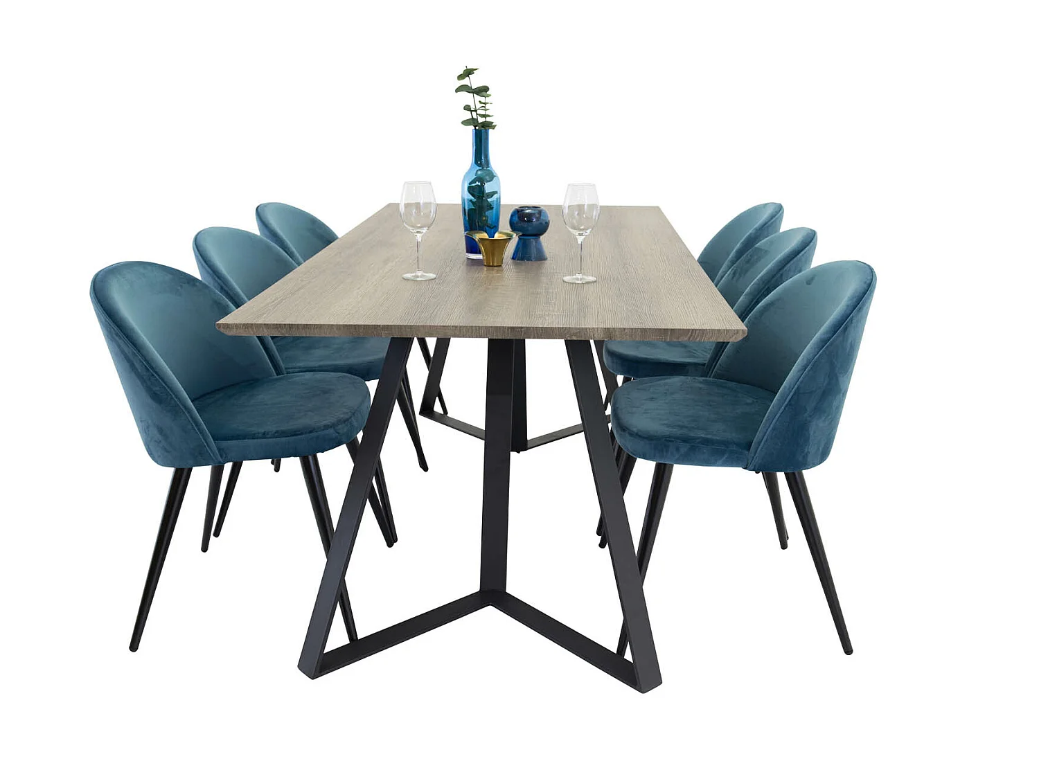 MarinaGRBL ensemble table, table El bois décor gris et 6 Velvet chaises Velours bleu, noir.
