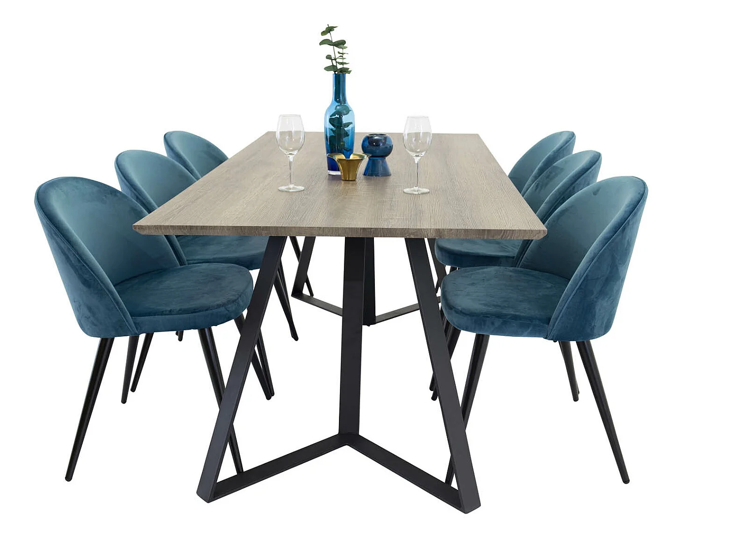 MarinaGRBL ensemble table, table El bois décor gris et 6 Velvet chaises Velours bleu, noir.