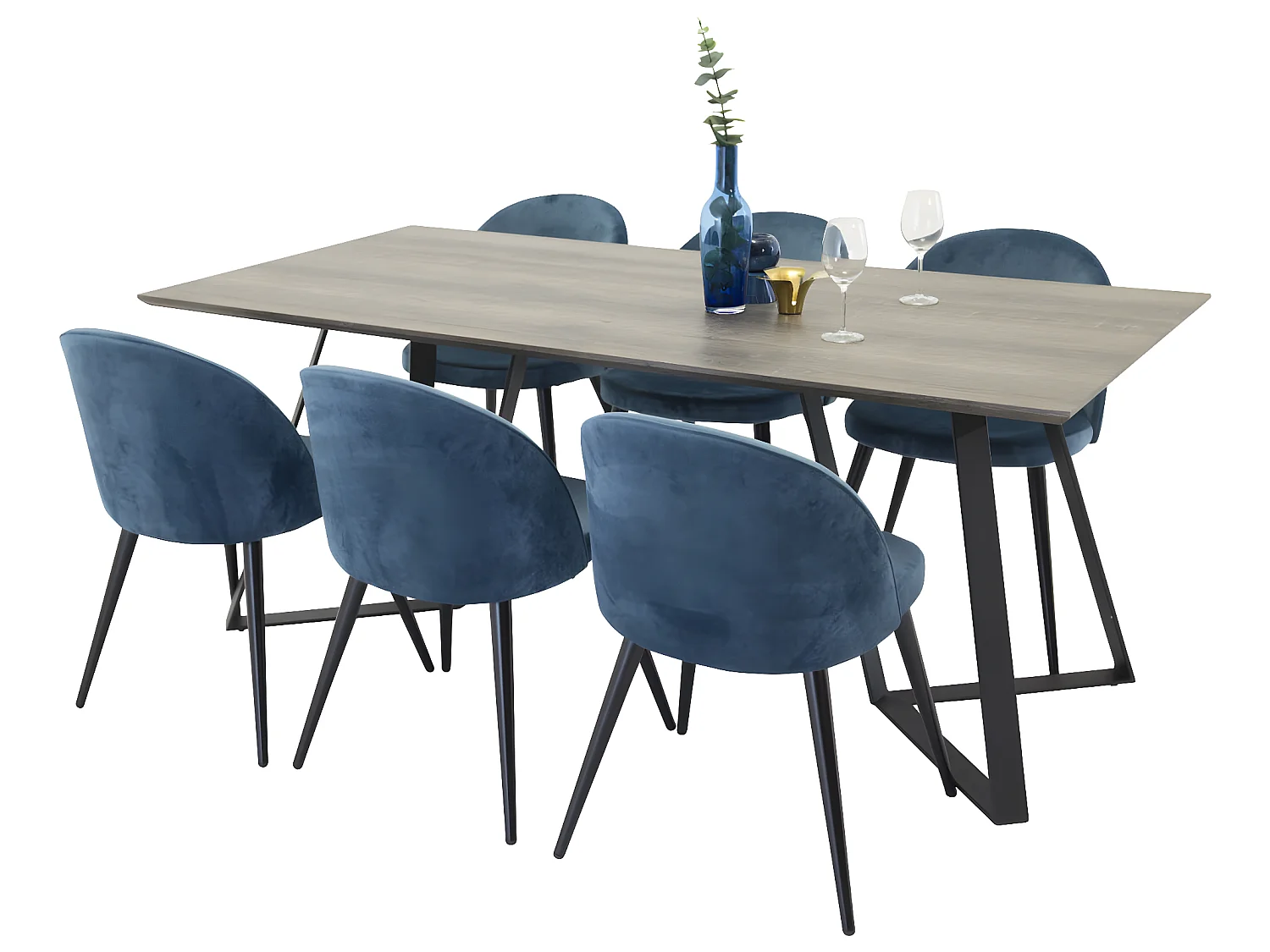 MarinaGRBL ensemble table, table El bois décor gris et 6 Velvet chaises Velours bleu, noir.