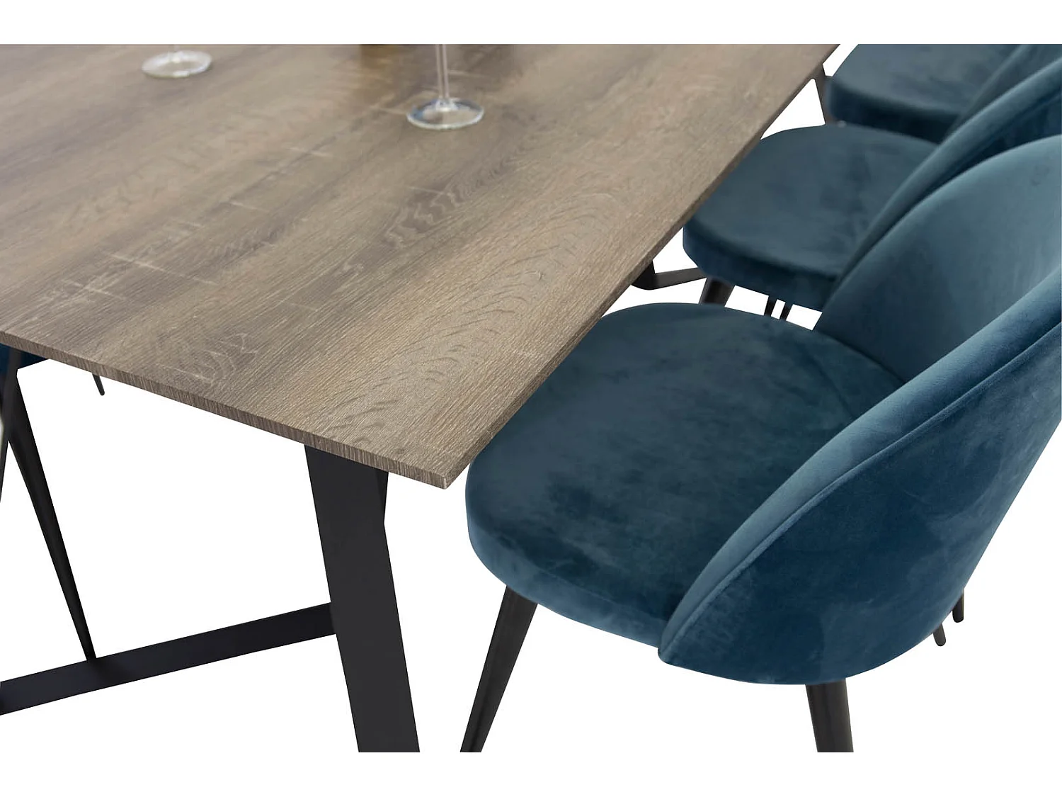 MarinaGRBL ensemble table, table El bois décor gris et 6 Velvet chaises Velours bleu, noir.