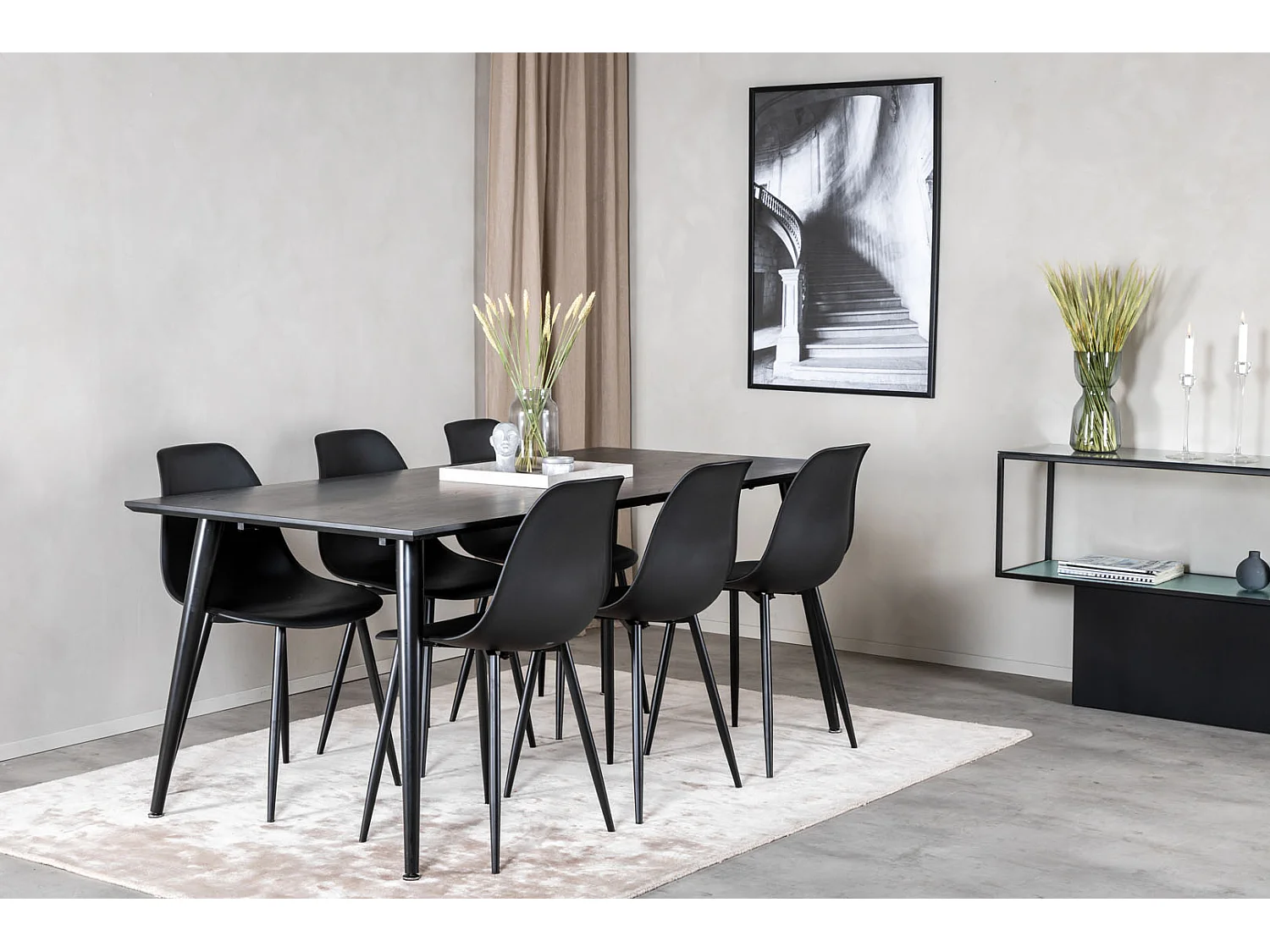 Dipp180x90BLBL Essgruppe Esstisch schwarz und 6 Polar Esszimmerstühle schwarz.