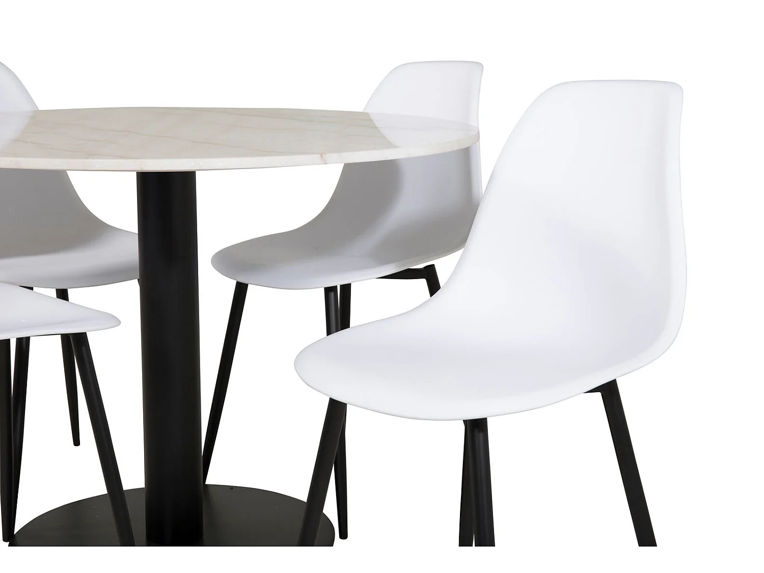 EstelleØ106WHBL eethoek eetkamertafel wit, marmer en 4 Polar eetkamerstal wit.
