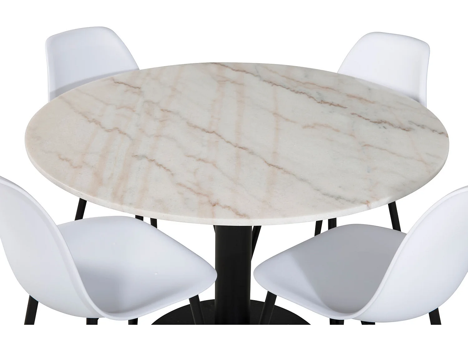 EstelleØ106WHBL eethoek eetkamertafel wit, marmer en 4 Polar eetkamerstal wit.