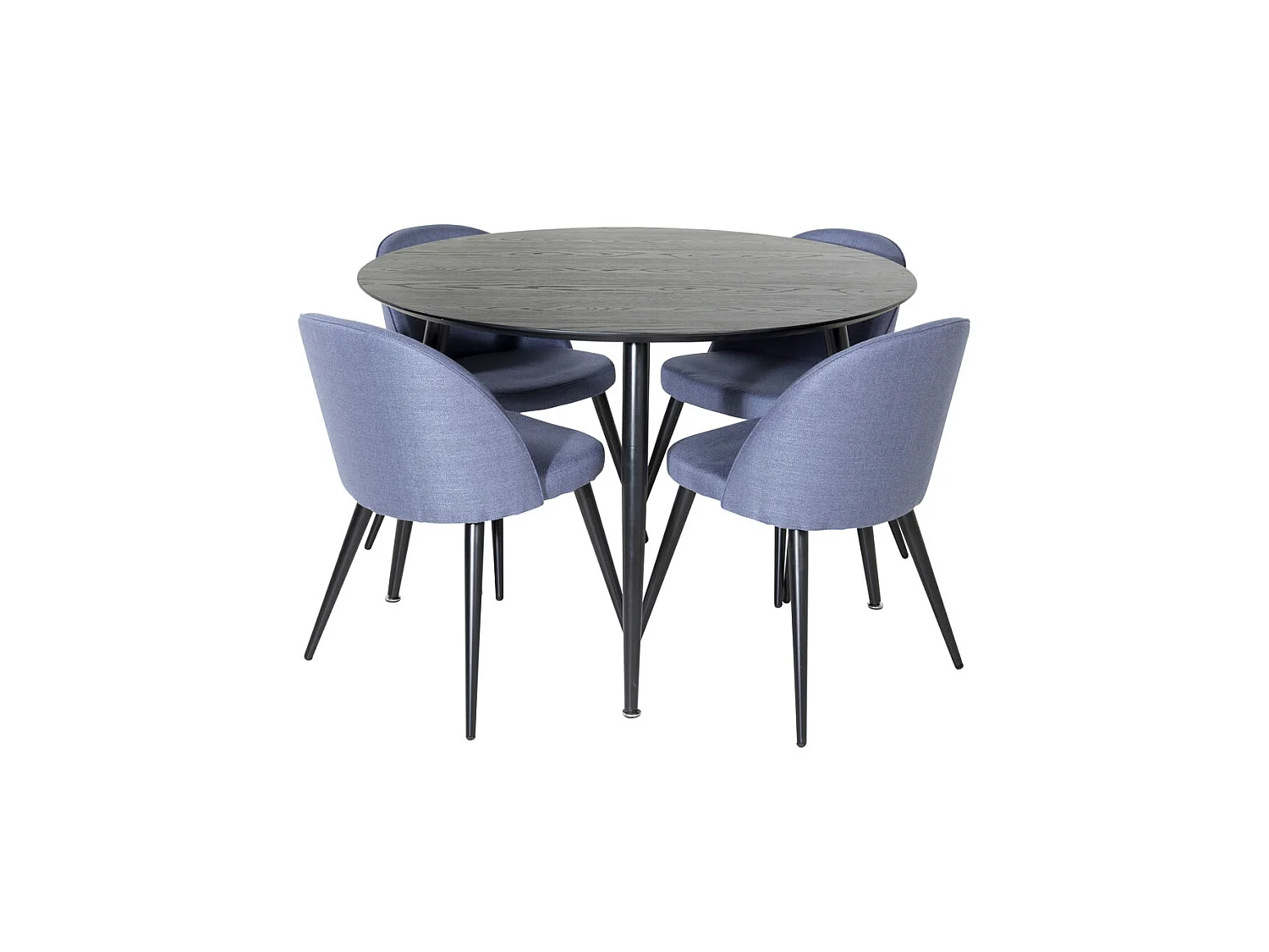 DippØ115BLBL eethoek eetkamertafel zwart en 4 Velvet eetkamerstal blauw.