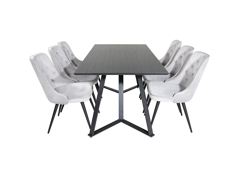 MarinaBLBL ensemble table, table noir et 6 Velvet Deluxe chaises Velours grisclair.