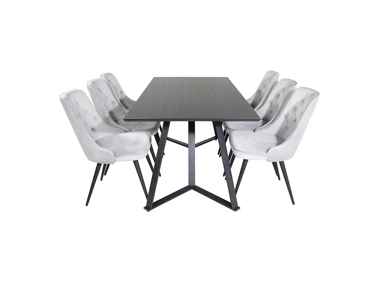 MarinaBLBL ensemble table, table noir et 6 Velvet Deluxe chaises Velours grisclair.