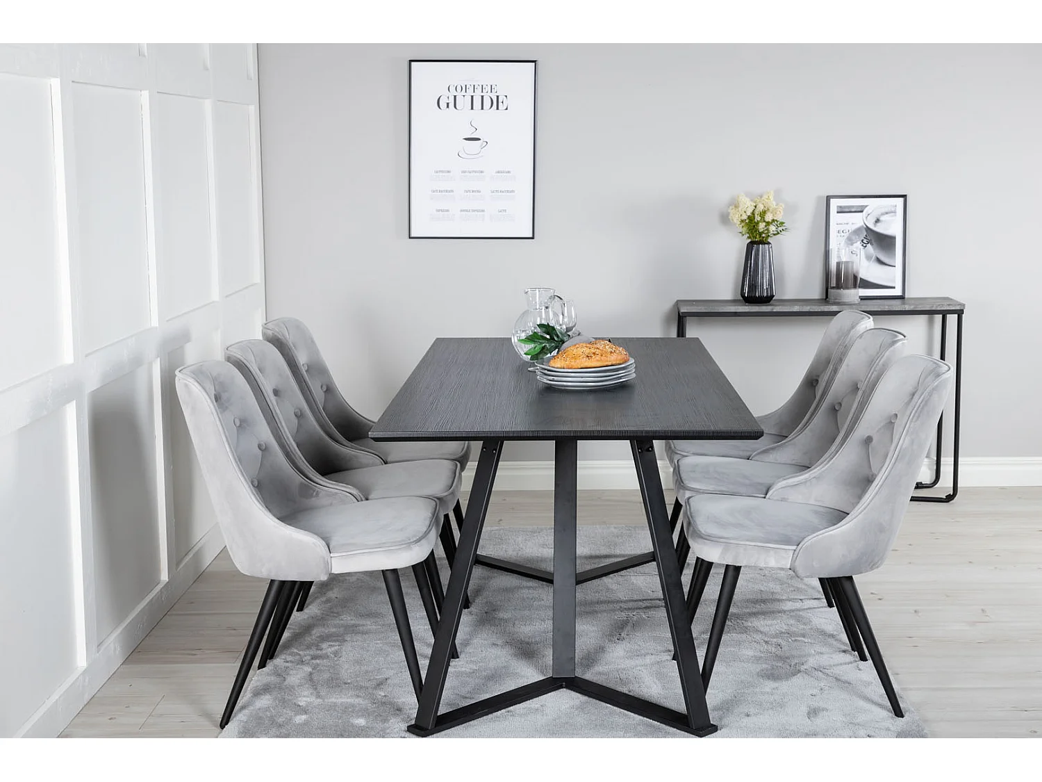 MarinaBLBL Essgruppe Esstisch schwarz und 6 Velvet Deluxe Esszimmerstühle Velour hellgrau.