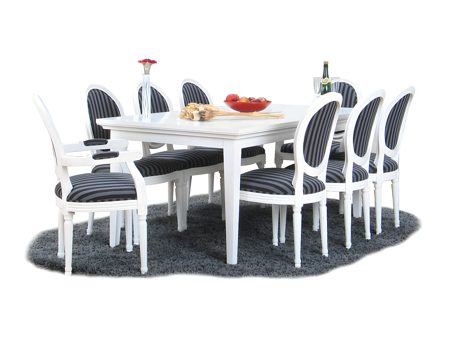 Venetië eethoek wit 180/276 x 95 met 6+2 barok stoelen wit-zwart Rococo.