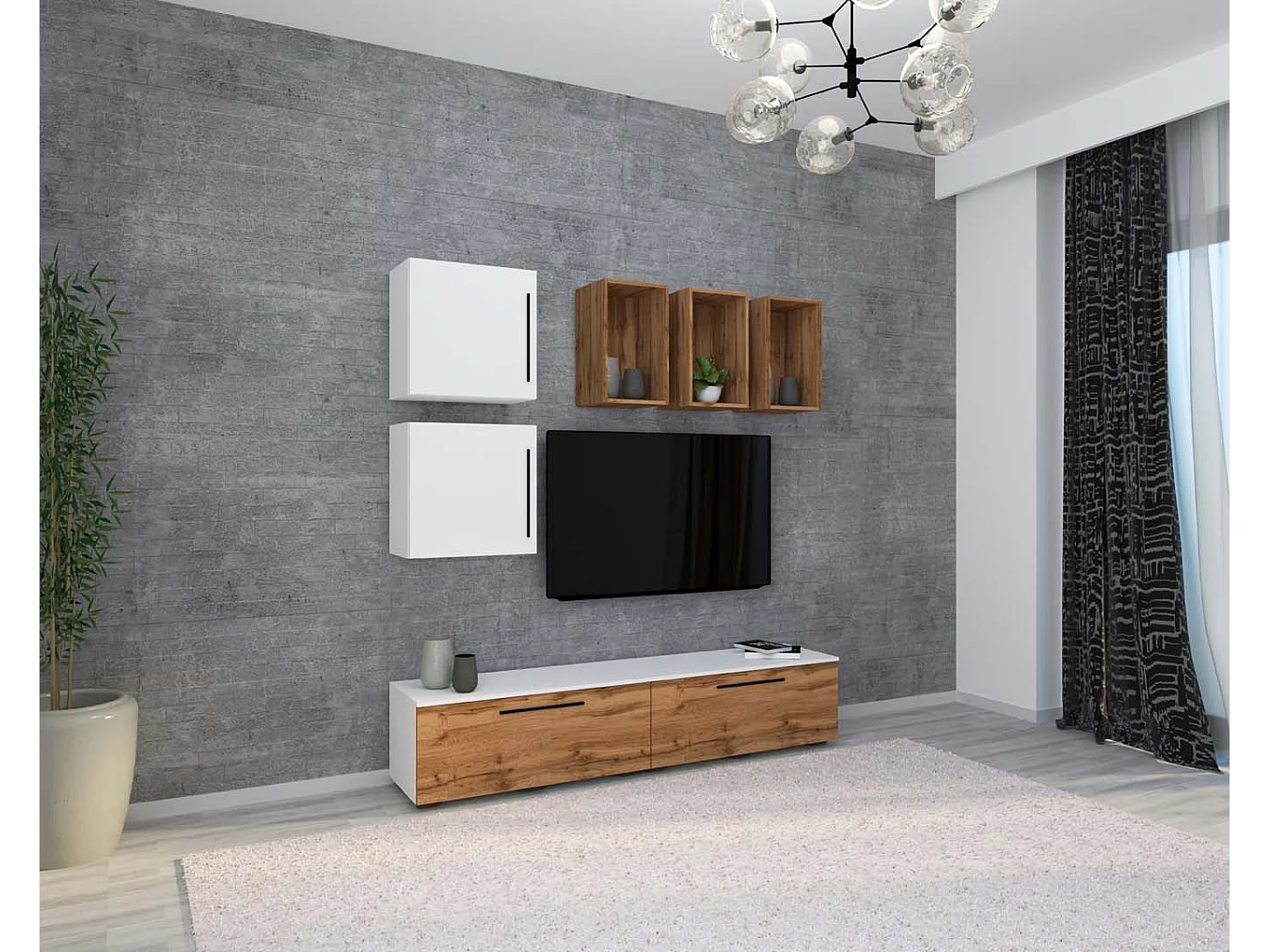 TV Furniture Arila White / Honey oak H. 200 x W. 190 x D. 40 cm