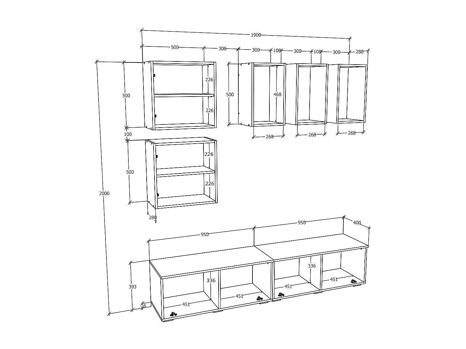 TV Furniture Arila White / Honey oak H. 200 x W. 190 x D. 40 cm