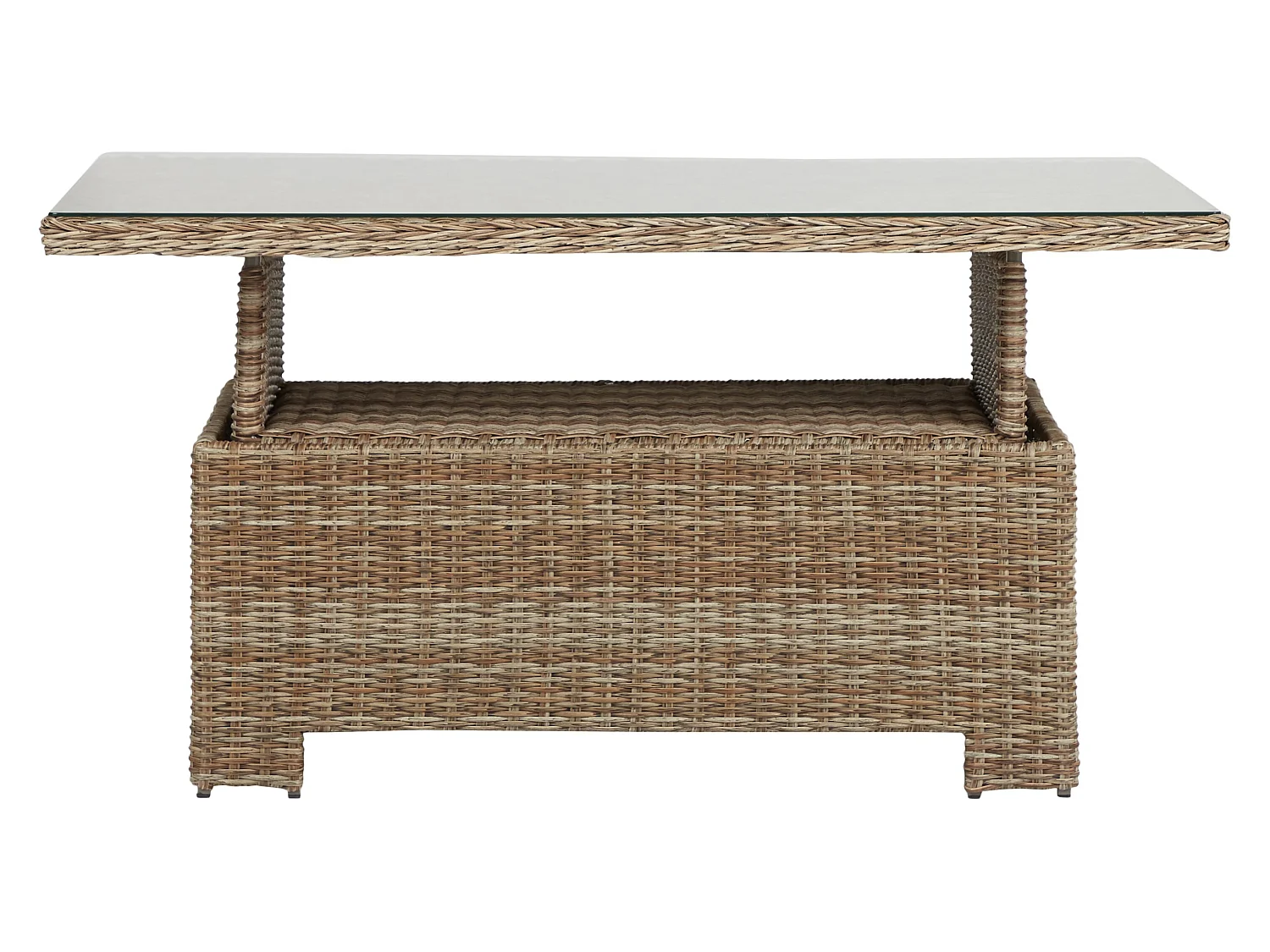 Gram Table de jardin 134 x 84 cm H 68/44, avec fonction élévatrice, avec plateau en verre, naturel.
