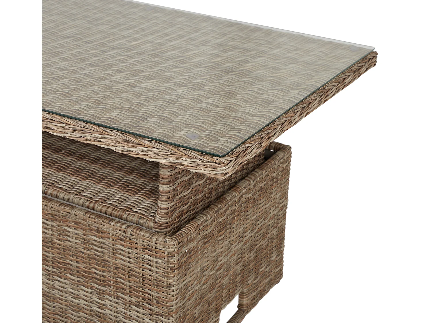 Gram Table de jardin 134 x 84 cm H 68/44, avec fonction élévatrice, avec plateau en verre, naturel.