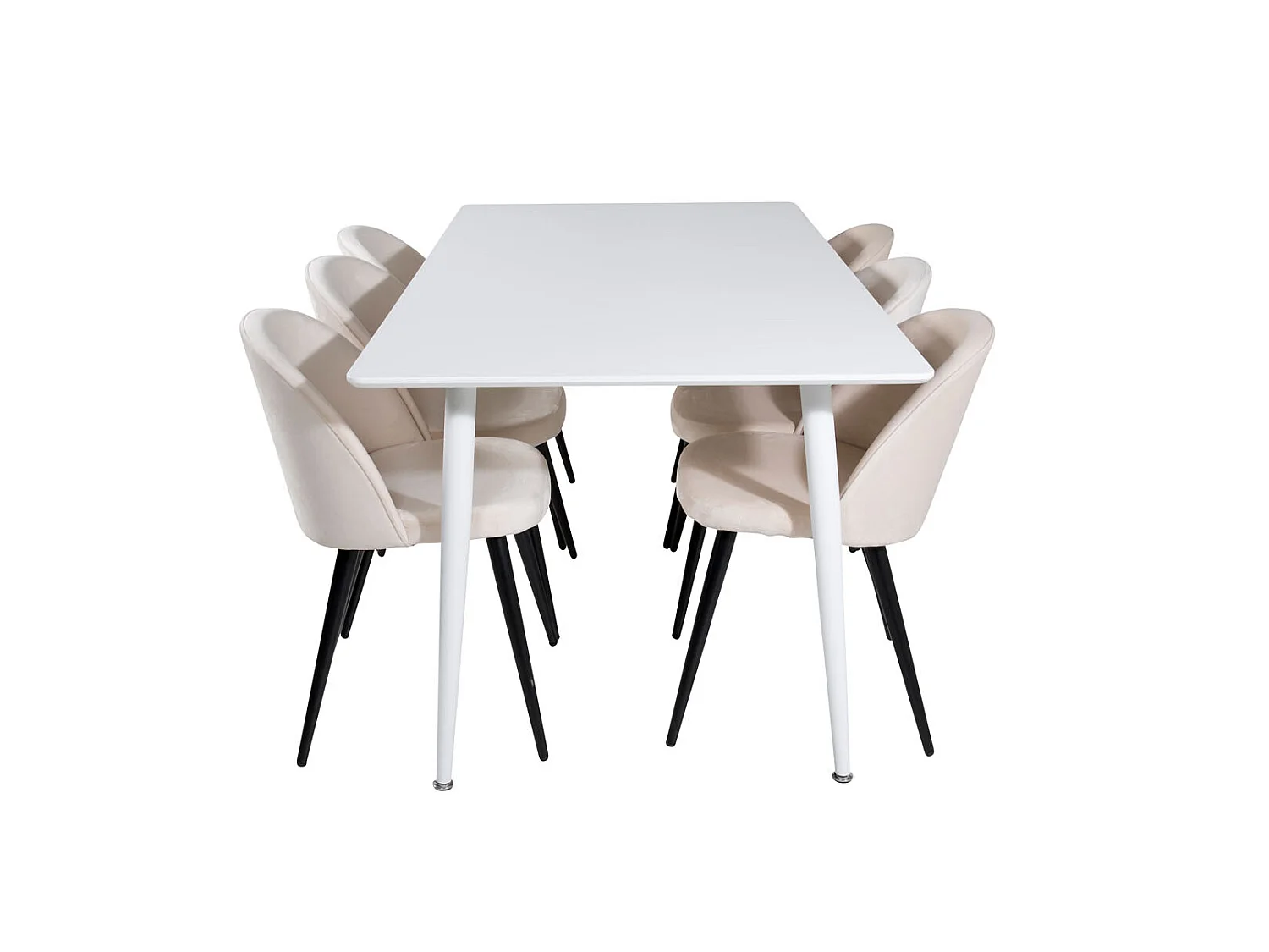 Polar180X90WHWH Essgruppe Esstisch weiß und 6 Velvet Esszimmerstühle Velour beige, schwarz.
