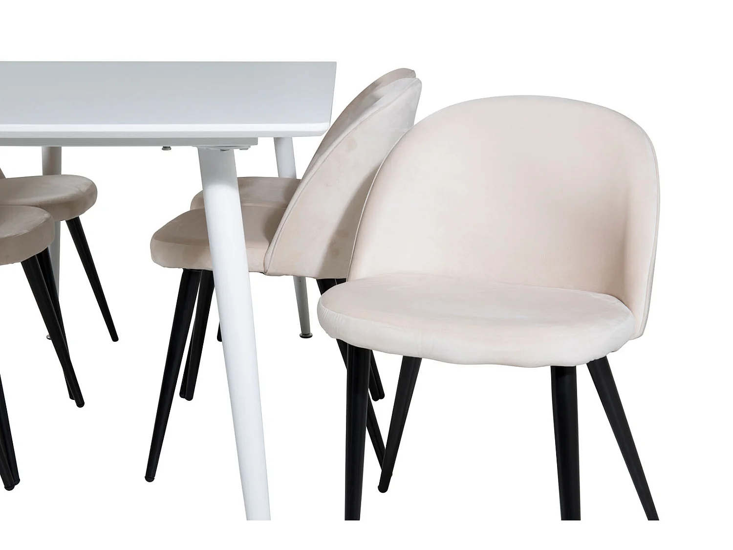 Polar180X90WHWH Essgruppe Esstisch weiß und 6 Velvet Esszimmerstühle Velour beige, schwarz.